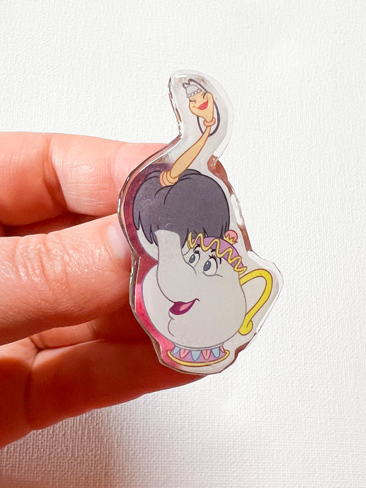 Upcycled Tea Pot and Feather Duster Handmade Pin – Recycled Storybook Pin – Book Page Art Pin – Small Batch Resin