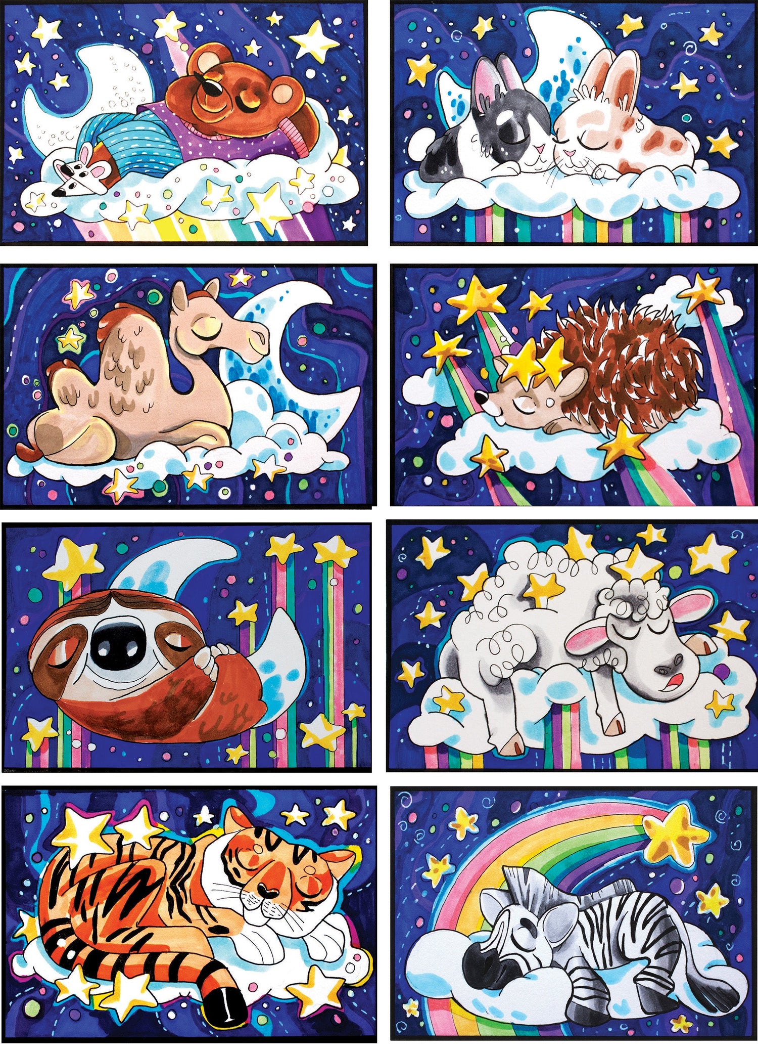 Whimsical Sleeping Animals Art Print – Alcohol Marker Illustration